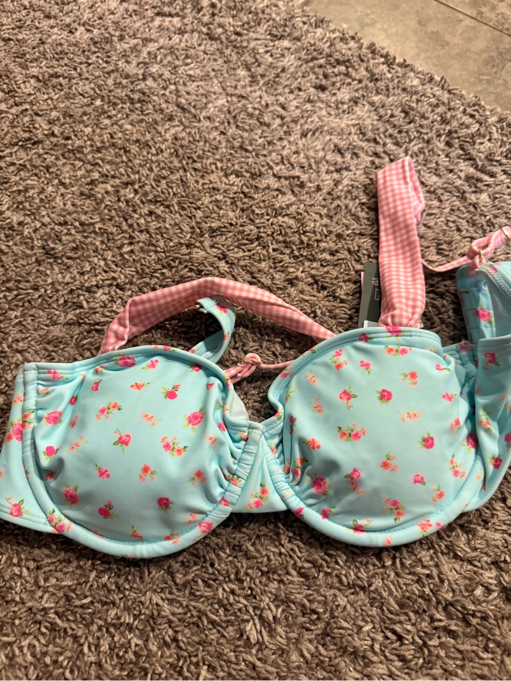 🍊 Demetra Dias Wild Fable Women’s Blue Floral and Pink Gingham Print bikini top